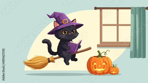 A black cat in a witch hat flies on a broomstick reading a book, with pumpkins nearby