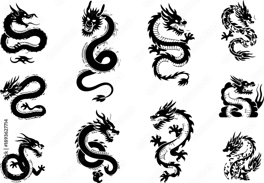 Fototapeta premium Black Dragon Silhouette Tattoo Icon Set