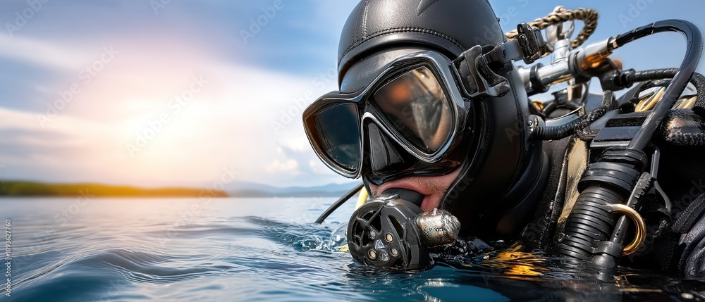 Fototapeta premium Scuba diver takes a selfie while exploring underwater in the ocean during daytime at a popular diving location
