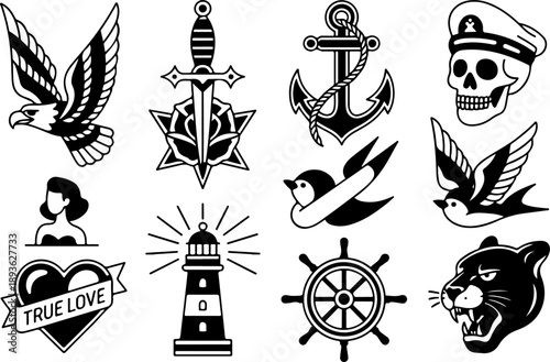 Adventure & Tattoo Icon Vector Set – Compass, Anchor, Skull, Panther Symbols