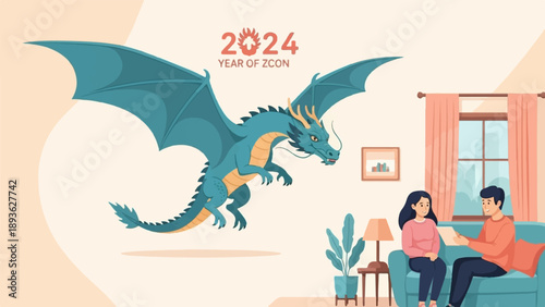 A stylized blue dragon flies above a couple sitting on a sofa, with a window and plant in background