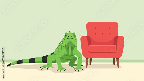 A green iguana with a striped tail stands next to a red armchair