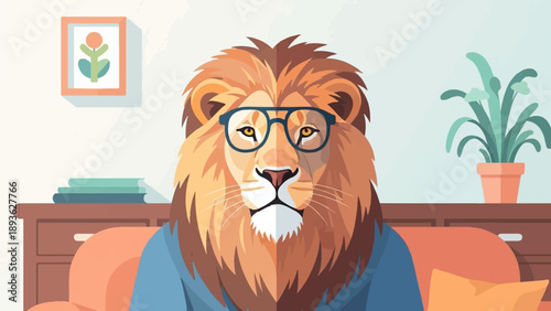 Anthropomorphic lion wearing glasses, dressed in a blue shirt, sitting indoors