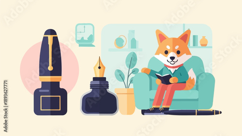 Anthropomorphic dog sits in armchair reading a book near writing tools