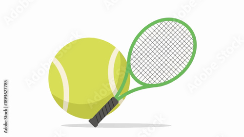 A bright yellow tennis ball rests next to a green tennis racket on a white background