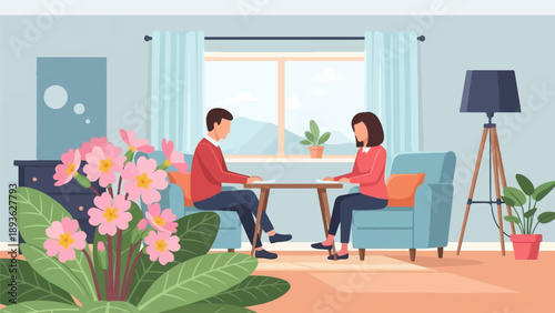 Couple at table in room with window, flowers, and plants