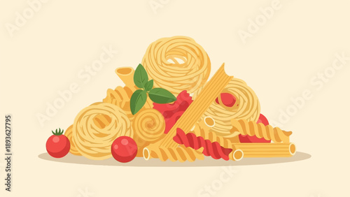 Assorted pasta shapes with tomatoes and basil on a light background