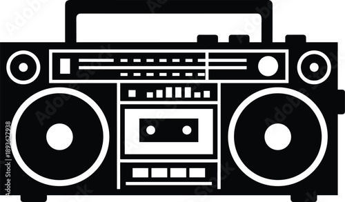 Minimal vector silhouette, retro boombox with twin speakers and cassette deck, solid black, isolated on white.