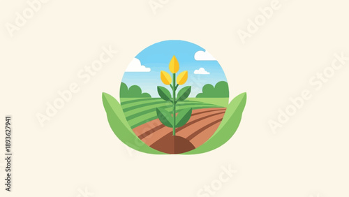 A cartoonish yellow plant grows in a stylized field under a blue sky