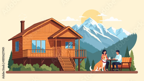 Couple and dog relax on a cabin porch with snowy mountains behind them