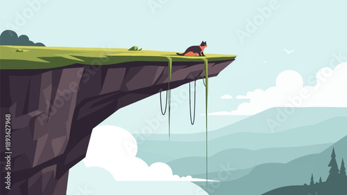 A cat sits on a cliff edge overlooking a misty mountain landscape