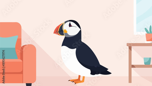 A charming cartoon puffin stands indoors next to a coral-colored couch