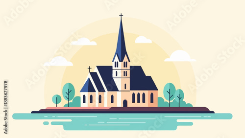 A stylized, colorful illustration of a church by a body of water