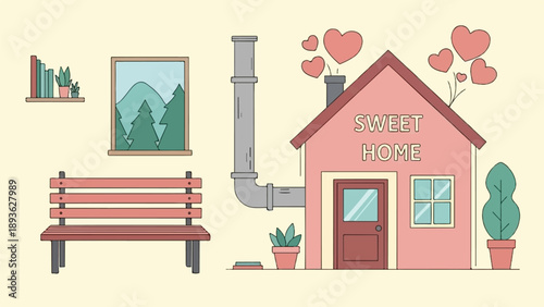 A charming illustration of a cozy house with a view and outdoor seating