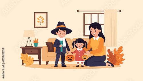 Family in Halloween costumes ready for trick-or-treating at home