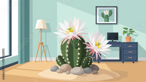 Blooming cacti sit in a minimalist room with a desk and a floor lamp