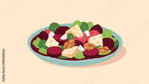 A colorful salad with beets, cheese, walnuts, and greens