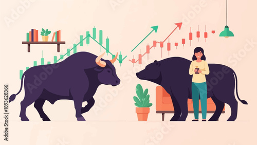 Bull and bear market illustration with upward trending stock charts