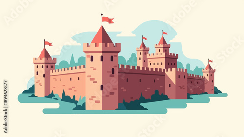 A pixelated, flat illustration of a large medieval castle with red flags on turrets