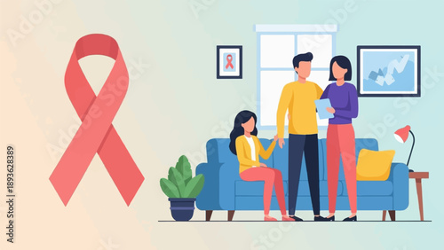 Family in living room with awareness ribbon and medical information