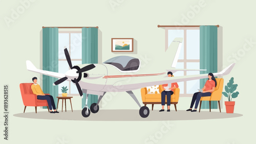 Family relaxes indoors with a miniature airplane in living room