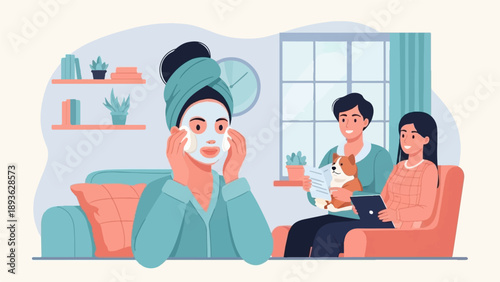 Family relaxing at home with pet, spa mask applied, reading, and tablet use