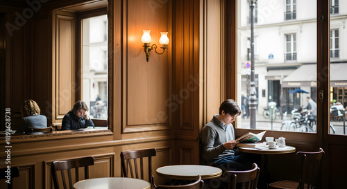 Young man reading a book at a small table inside a classic Paris