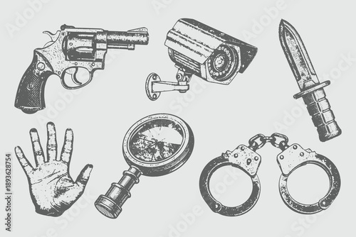 Vintage grunge Magnifying Glass, Knife, Camera, Blood hand, Handgun Weapon, Handcuffs vector illustration. Monochrome photocopy effect, for grunge punk y2k collage design. Eps 10