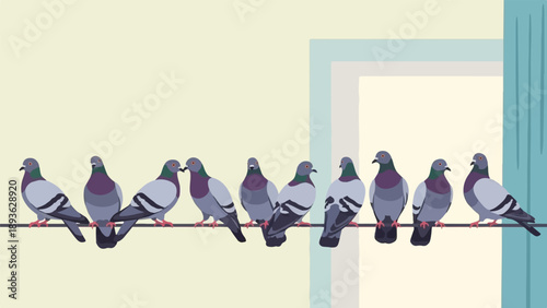 A flock of grey pigeons perches on a wire against a pastel background