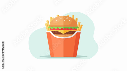 A flat design illustration of a burger and fries in an orange carton