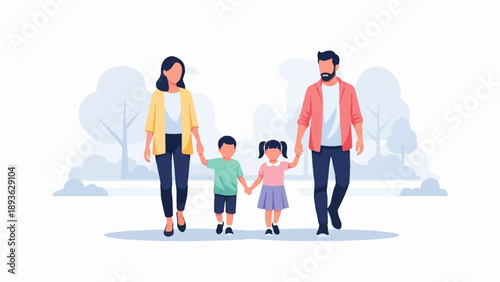 A family of four walks hand-in-hand through a park with stylized trees