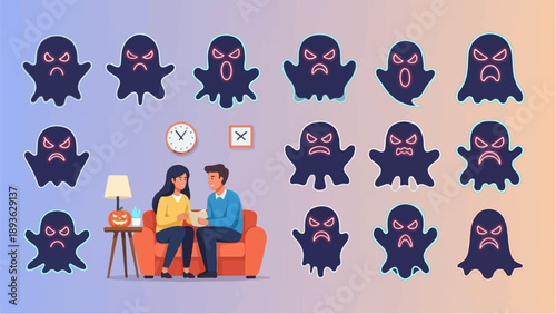 Couple sitting on sofa with spooky ghosts floating around