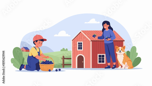 Children and dog pick blueberries near a red barn on a sunny day