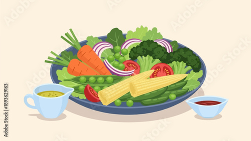 A vibrant salad with corn, carrots, peas, tomatoes, onions, and broccoli