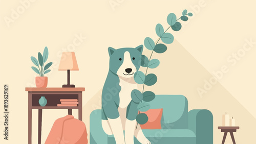 A dog sits on a sofa, surrounded by houseplants and home decor