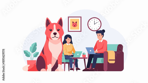 A dog sits near a couple working on laptops in a room