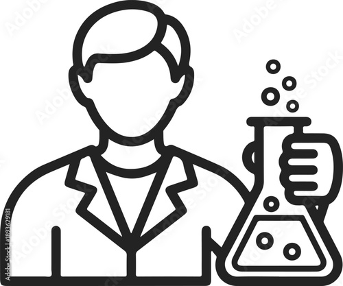 Outline icon of a scientist conducting a chemistry experiment in a laboratory