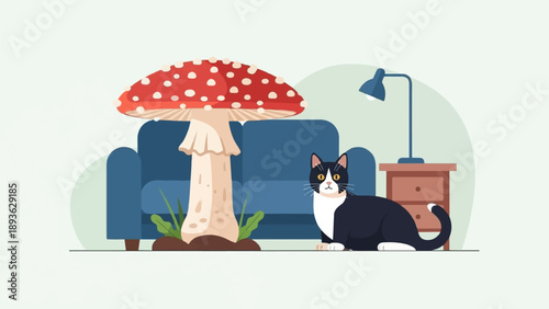 A whimsical scene with a large mushroom, a blue couch, and a black and white cat