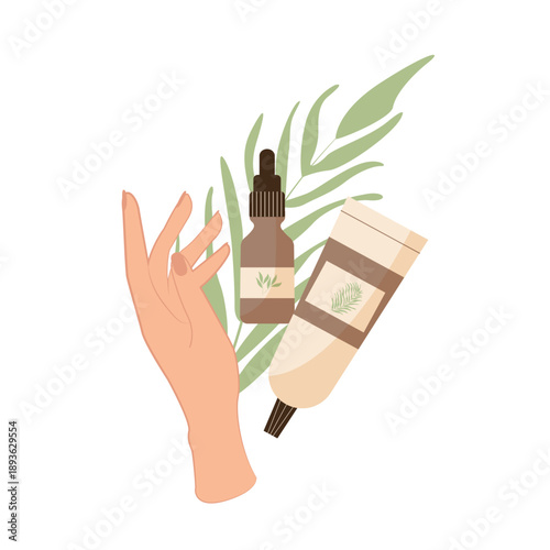 Cosmetology banner, card. A woman's hand against a background of plants holds a jar of cream or other cosmetic product. Vector illustration for cosmetology, body and face care.