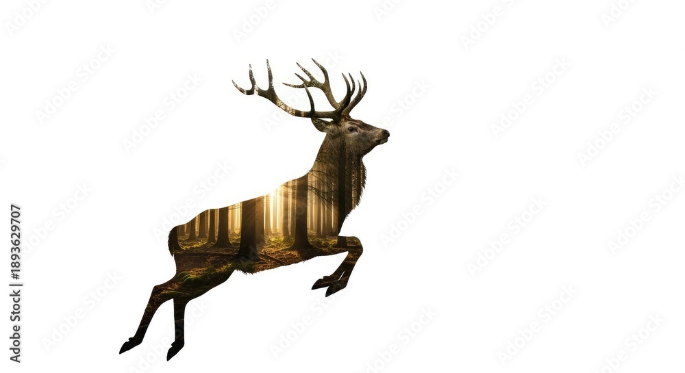 Fototapeta premium Majestic Stag Silhouette Merged With Sun-Dappled Ancient Forest in Painterly Realism