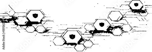 Hexagonal Grid with Shield Symbol: Abstract graphic of interconnected hexagonal shapes featuring a shield symbol, set against a dynamic and intricate design.