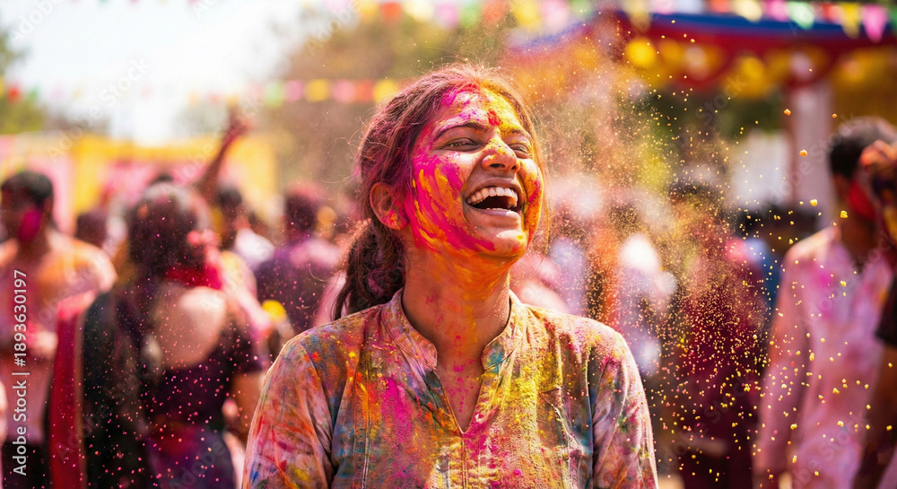 Obraz premium Joyful Hues: A woman is captured mid-laughter as vibrant colored powder paints her face, celebrating with a carefree spirit amid a lively festival. 