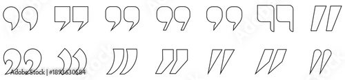 A diverse collection of black outline quotation marks featuring various typographic styles for communication and design elements
