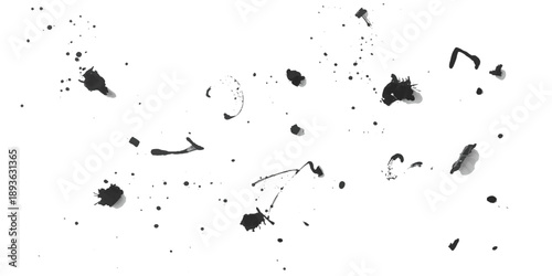 A grunge vector illustration featuring black ink splats, blots, and splashes with artistic paint drips, liquid stains, and dirty spray textures on a white silhouette pattern