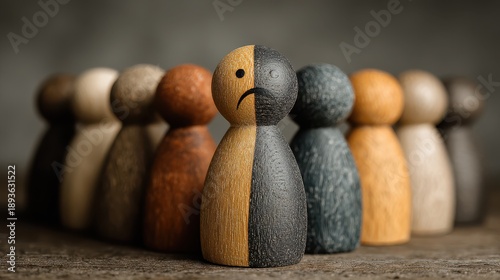 Sad wooden figure separated from a group, representing bullying, discrimination, isolation, loneliness, and mental health issues in society, workplaces, or schools.
