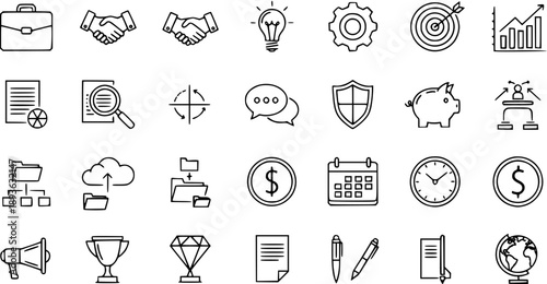 Modern Business and Office Management Outline Icons Set. Collection of Finance, Communication, Strategy, Organization, and Corporate Line Art Symbols for Web and Mobile UI.