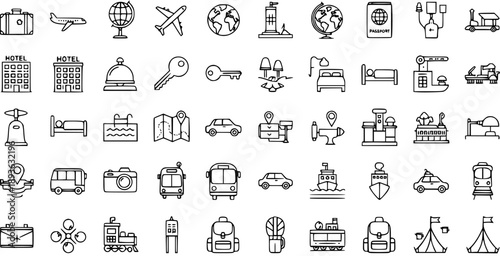 Collection of Hand-Drawn Travel and Transportation Icons for Vacation and Tourism