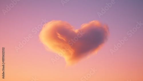 Heart-shaped cloud against warm sunset sky with soft pink and purple hues, evoking a romantic and serene atmosphere, ideal for valentine's day or love-themed designs