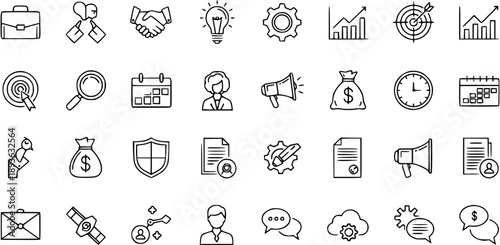 Outline Business Icons Set. Vector Line Art Collection for Office, Finance, Marketing, Management, and Corporate Success