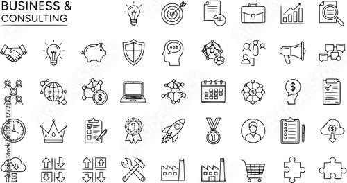 Business and Consulting Line Art Icons Vector Set. Hand-Drawn Outline Symbols Collection for Strategy, Finance, Marketing, Teamwork, and Innovation Concepts.